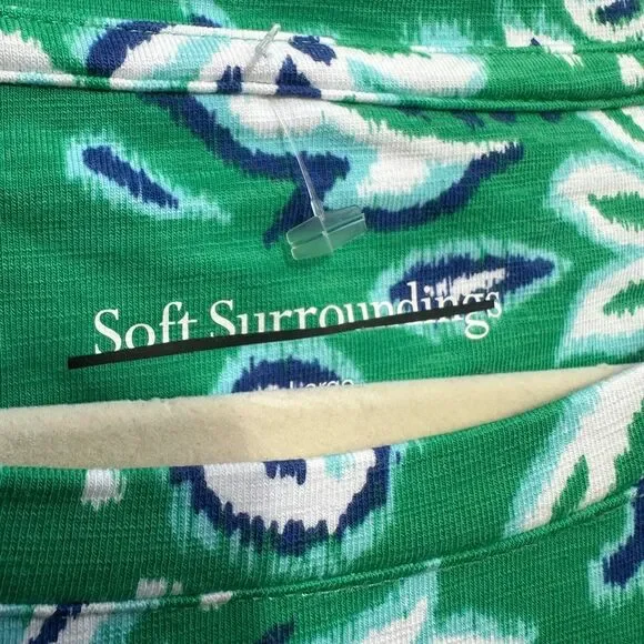 Soft Surroundings $79 Ikat Paisley Tee Green Supima Slub Elbow Sleeve Top L NEW - Picture 3 of 4